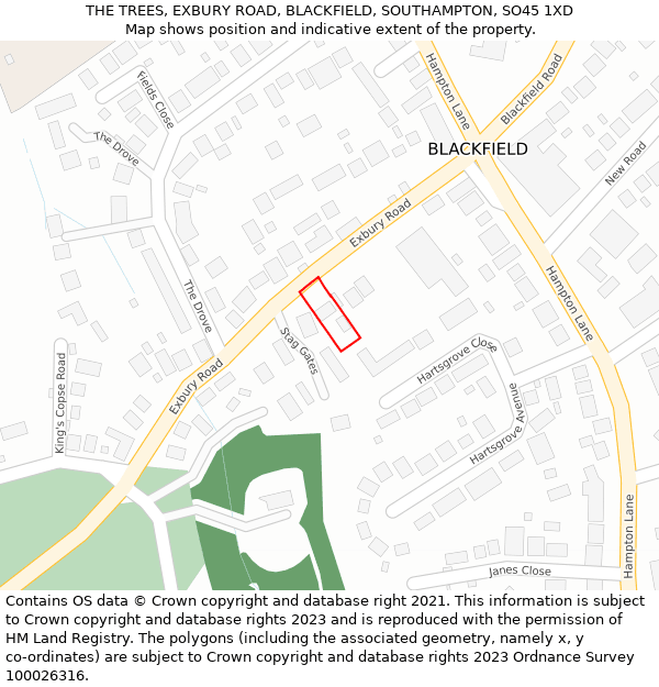 THE TREES, EXBURY ROAD, BLACKFIELD, SOUTHAMPTON, SO45 1XD: Location map and indicative extent of plot