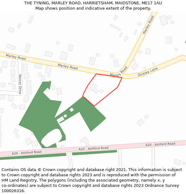 THE TYNING, MARLEY ROAD, HARRIETSHAM, MAIDSTONE, ME17 1AU: Location map and indicative extent of plot