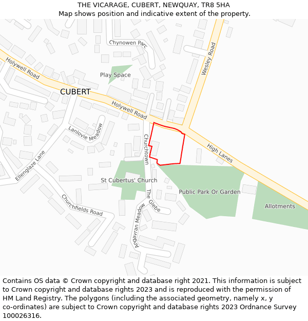 THE VICARAGE, CUBERT, NEWQUAY, TR8 5HA: Location map and indicative extent of plot