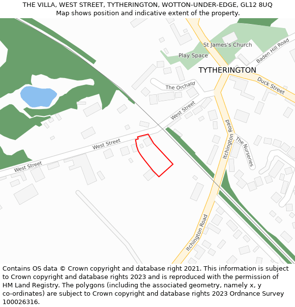 THE VILLA, WEST STREET, TYTHERINGTON, WOTTON-UNDER-EDGE, GL12 8UQ: Location map and indicative extent of plot