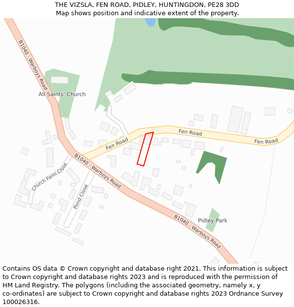THE VIZSLA, FEN ROAD, PIDLEY, HUNTINGDON, PE28 3DD: Location map and indicative extent of plot