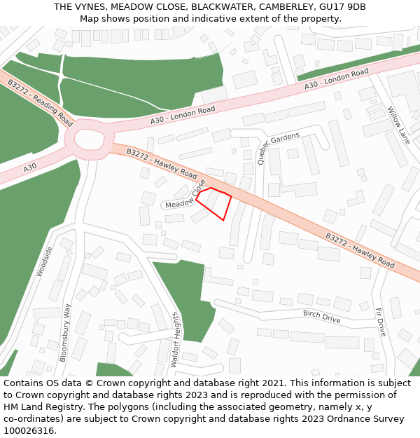 THE VYNES, MEADOW CLOSE, BLACKWATER, CAMBERLEY, GU17 9DB: Location map and indicative extent of plot