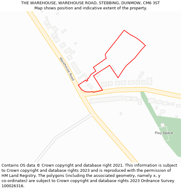 THE WAREHOUSE, WAREHOUSE ROAD, STEBBING, DUNMOW, CM6 3ST: Location map and indicative extent of plot