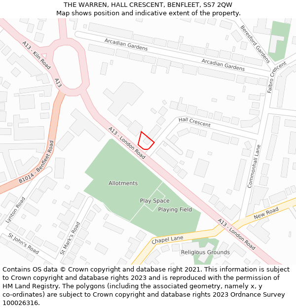 THE WARREN, HALL CRESCENT, BENFLEET, SS7 2QW: Location map and indicative extent of plot