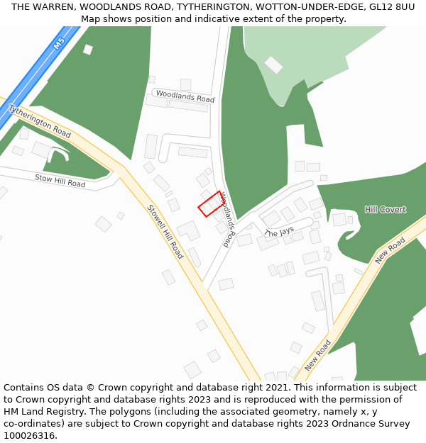 THE WARREN, WOODLANDS ROAD, TYTHERINGTON, WOTTON-UNDER-EDGE, GL12 8UU: Location map and indicative extent of plot