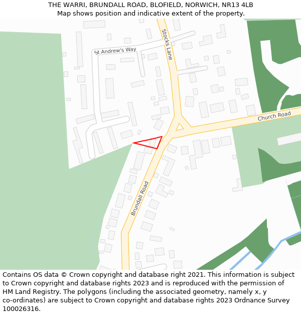 THE WARRI, BRUNDALL ROAD, BLOFIELD, NORWICH, NR13 4LB: Location map and indicative extent of plot