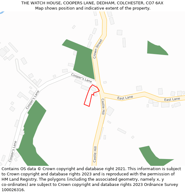 THE WATCH HOUSE, COOPERS LANE, DEDHAM, COLCHESTER, CO7 6AX: Location map and indicative extent of plot