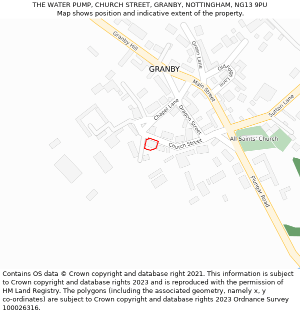 THE WATER PUMP, CHURCH STREET, GRANBY, NOTTINGHAM, NG13 9PU: Location map and indicative extent of plot