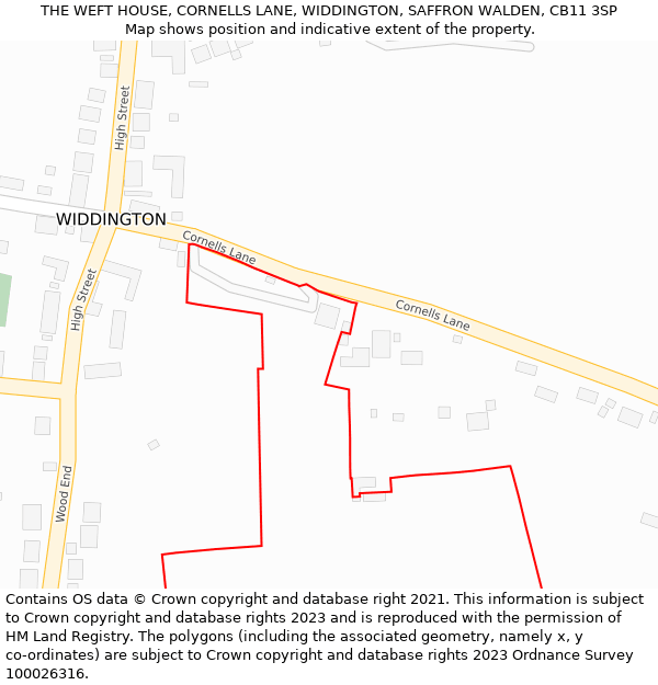 THE WEFT HOUSE, CORNELLS LANE, WIDDINGTON, SAFFRON WALDEN, CB11 3SP: Location map and indicative extent of plot