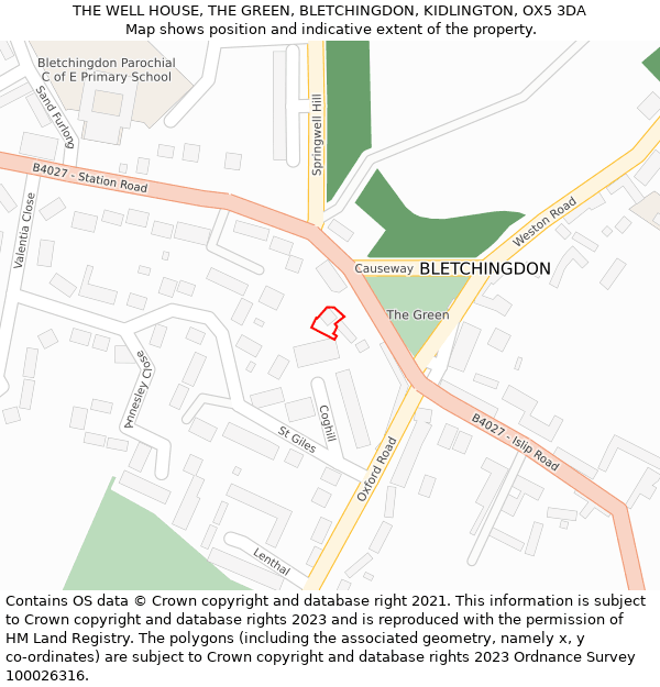 THE WELL HOUSE, THE GREEN, BLETCHINGDON, KIDLINGTON, OX5 3DA: Location map and indicative extent of plot