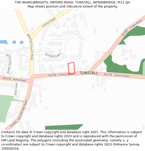 THE WHEELWRIGHTS, ORFORD ROAD, TUNSTALL, WOODBRIDGE, IP12 2JA: Location map and indicative extent of plot