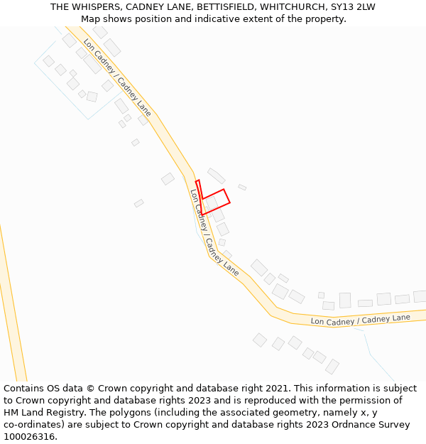 THE WHISPERS, CADNEY LANE, BETTISFIELD, WHITCHURCH, SY13 2LW: Location map and indicative extent of plot