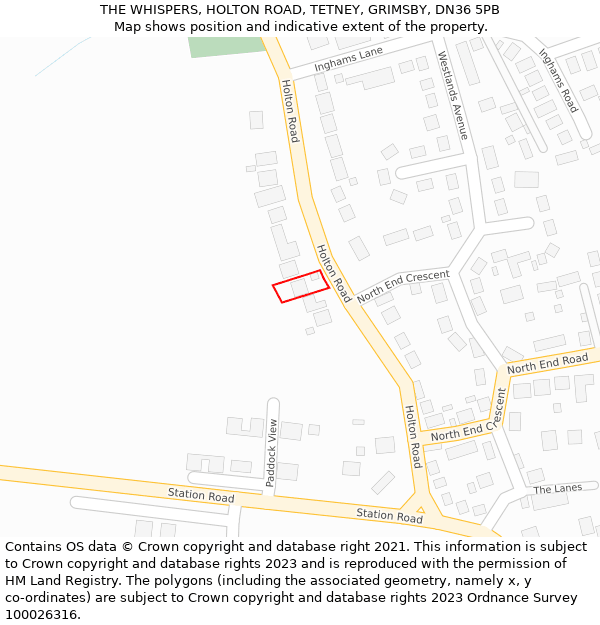 THE WHISPERS, HOLTON ROAD, TETNEY, GRIMSBY, DN36 5PB: Location map and indicative extent of plot