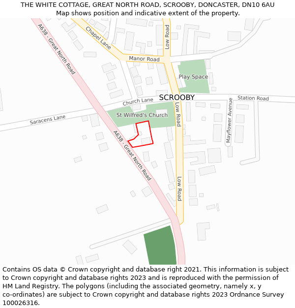 THE WHITE COTTAGE, GREAT NORTH ROAD, SCROOBY, DONCASTER, DN10 6AU: Location map and indicative extent of plot