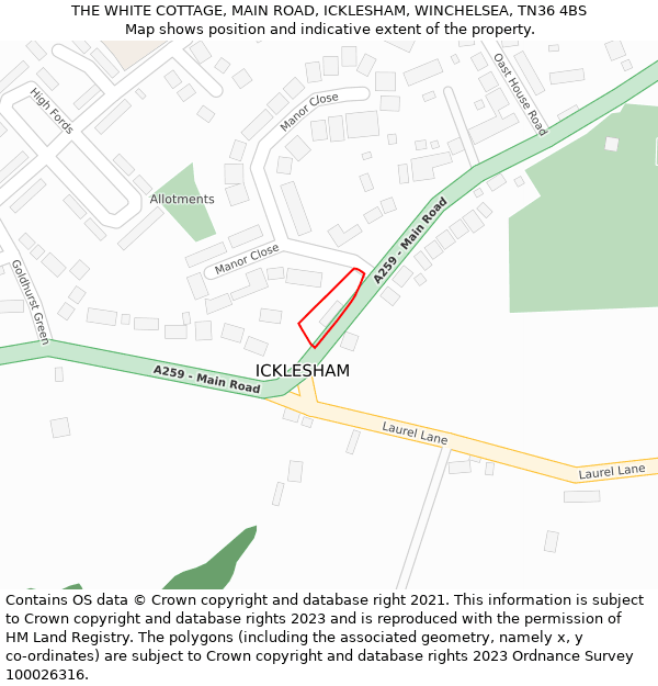 THE WHITE COTTAGE, MAIN ROAD, ICKLESHAM, WINCHELSEA, TN36 4BS: Location map and indicative extent of plot