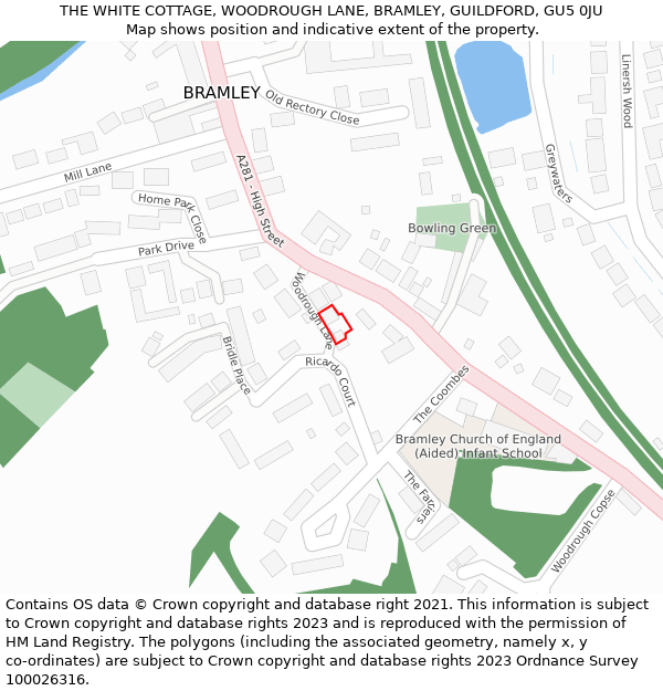 THE WHITE COTTAGE, WOODROUGH LANE, BRAMLEY, GUILDFORD, GU5 0JU: Location map and indicative extent of plot