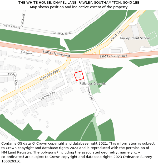 THE WHITE HOUSE, CHAPEL LANE, FAWLEY, SOUTHAMPTON, SO45 1EB: Location map and indicative extent of plot