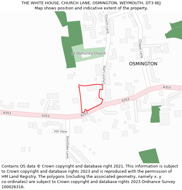 THE WHITE HOUSE, CHURCH LANE, OSMINGTON, WEYMOUTH, DT3 6EJ: Location map and indicative extent of plot