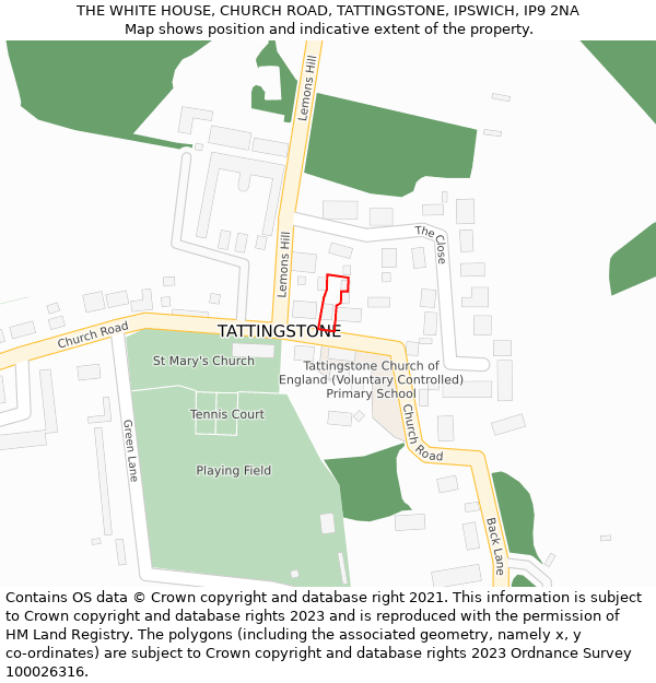 THE WHITE HOUSE, CHURCH ROAD, TATTINGSTONE, IPSWICH, IP9 2NA: Location map and indicative extent of plot