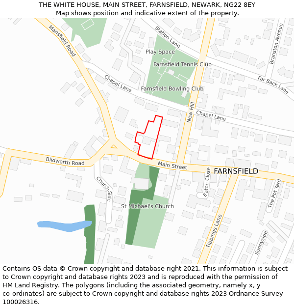 THE WHITE HOUSE, MAIN STREET, FARNSFIELD, NEWARK, NG22 8EY: Location map and indicative extent of plot