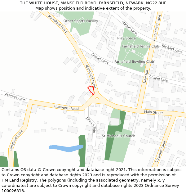 THE WHITE HOUSE, MANSFIELD ROAD, FARNSFIELD, NEWARK, NG22 8HF: Location map and indicative extent of plot