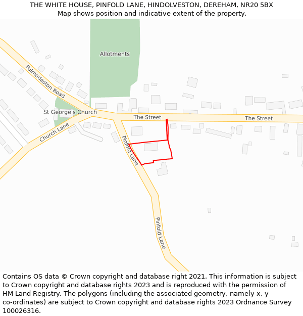 THE WHITE HOUSE, PINFOLD LANE, HINDOLVESTON, DEREHAM, NR20 5BX: Location map and indicative extent of plot