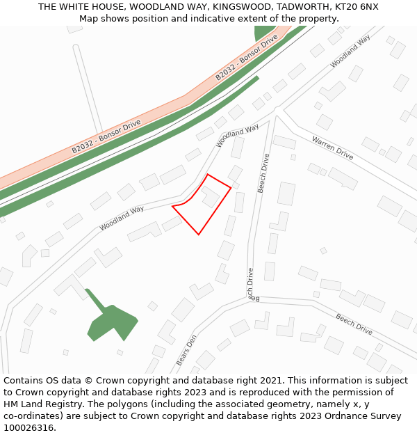 THE WHITE HOUSE, WOODLAND WAY, KINGSWOOD, TADWORTH, KT20 6NX: Location map and indicative extent of plot