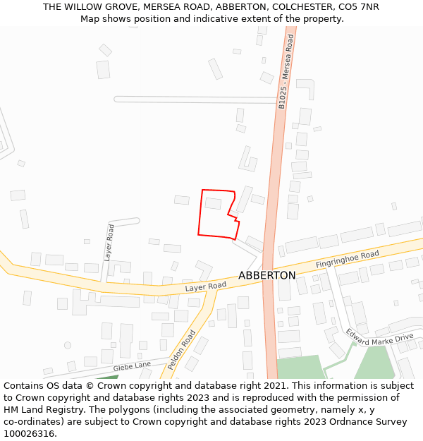 THE WILLOW GROVE, MERSEA ROAD, ABBERTON, COLCHESTER, CO5 7NR: Location map and indicative extent of plot