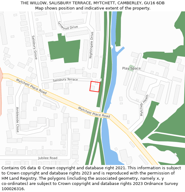 THE WILLOW, SALISBURY TERRACE, MYTCHETT, CAMBERLEY, GU16 6DB: Location map and indicative extent of plot