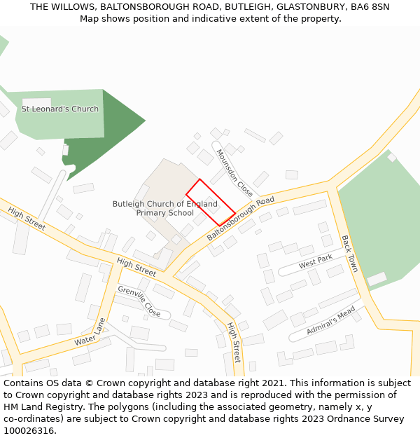 THE WILLOWS, BALTONSBOROUGH ROAD, BUTLEIGH, GLASTONBURY, BA6 8SN: Location map and indicative extent of plot