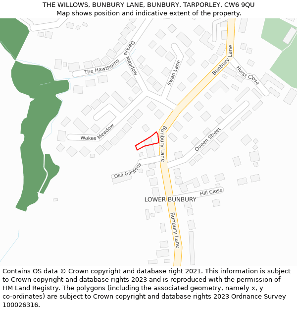 THE WILLOWS, BUNBURY LANE, BUNBURY, TARPORLEY, CW6 9QU: Location map and indicative extent of plot