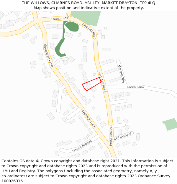 THE WILLOWS, CHARNES ROAD, ASHLEY, MARKET DRAYTON, TF9 4LQ: Location map and indicative extent of plot