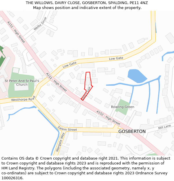THE WILLOWS, DAIRY CLOSE, GOSBERTON, SPALDING, PE11 4NZ: Location map and indicative extent of plot