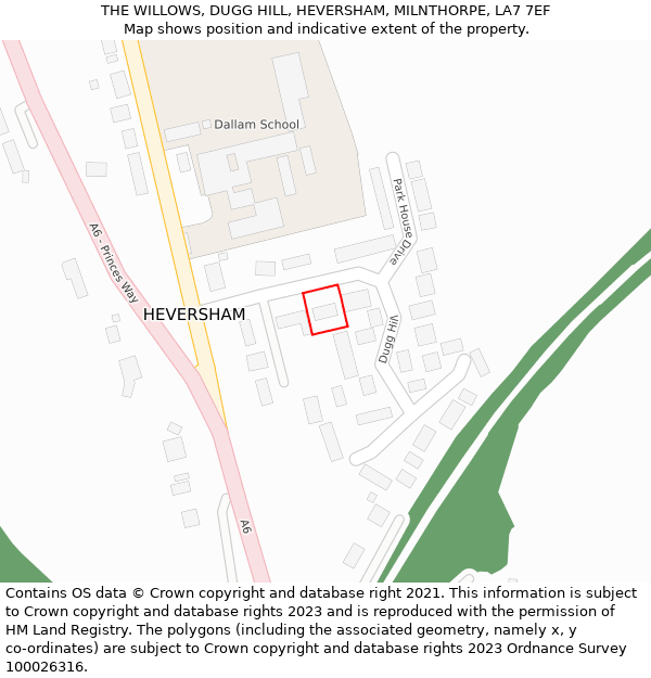 THE WILLOWS, DUGG HILL, HEVERSHAM, MILNTHORPE, LA7 7EF: Location map and indicative extent of plot