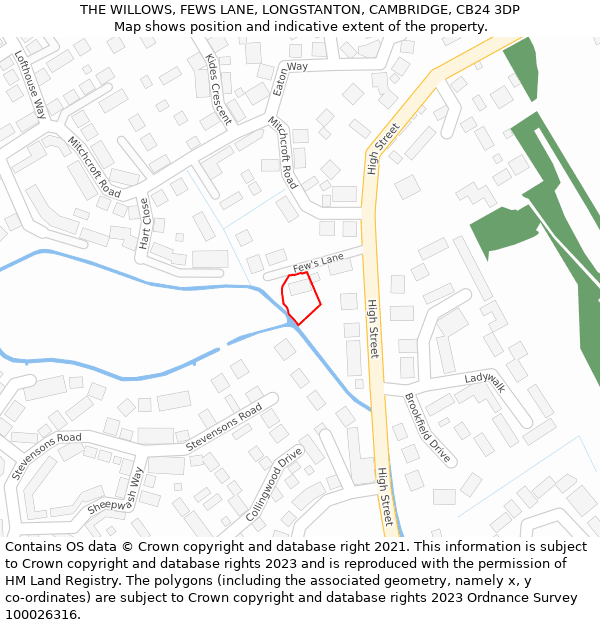 THE WILLOWS, FEWS LANE, LONGSTANTON, CAMBRIDGE, CB24 3DP: Location map and indicative extent of plot