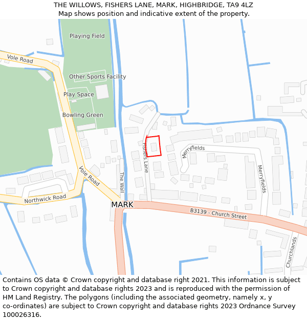 THE WILLOWS, FISHERS LANE, MARK, HIGHBRIDGE, TA9 4LZ: Location map and indicative extent of plot
