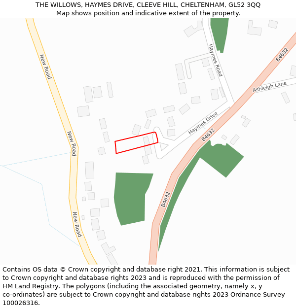 THE WILLOWS, HAYMES DRIVE, CLEEVE HILL, CHELTENHAM, GL52 3QQ: Location map and indicative extent of plot