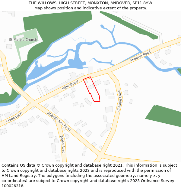 THE WILLOWS, HIGH STREET, MONXTON, ANDOVER, SP11 8AW: Location map and indicative extent of plot