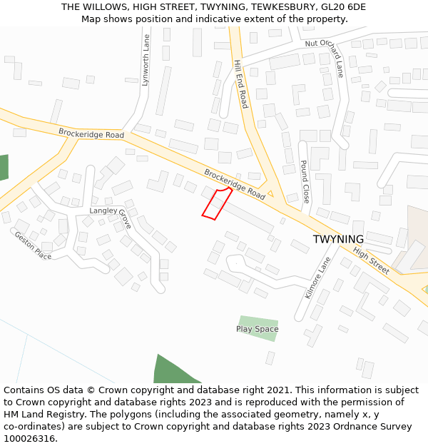 THE WILLOWS, HIGH STREET, TWYNING, TEWKESBURY, GL20 6DE: Location map and indicative extent of plot