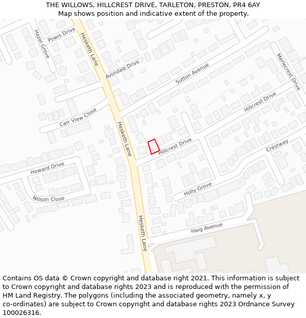 THE WILLOWS, HILLCREST DRIVE, TARLETON, PRESTON, PR4 6AY: Location map and indicative extent of plot