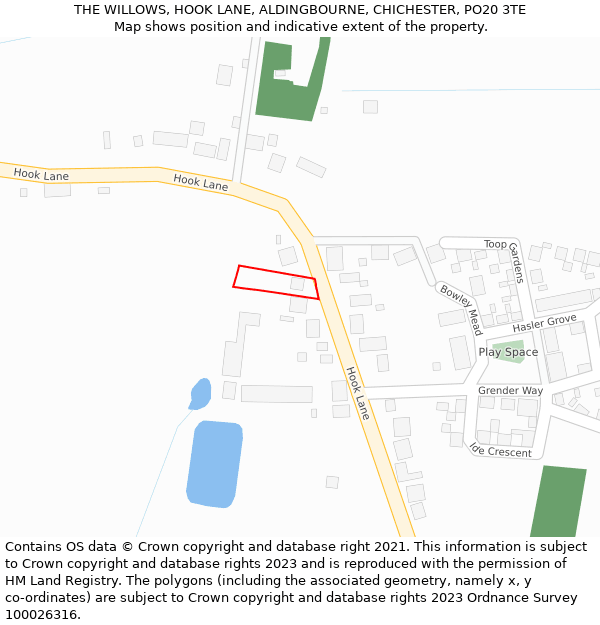 THE WILLOWS, HOOK LANE, ALDINGBOURNE, CHICHESTER, PO20 3TE: Location map and indicative extent of plot