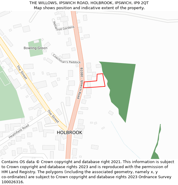 THE WILLOWS, IPSWICH ROAD, HOLBROOK, IPSWICH, IP9 2QT: Location map and indicative extent of plot