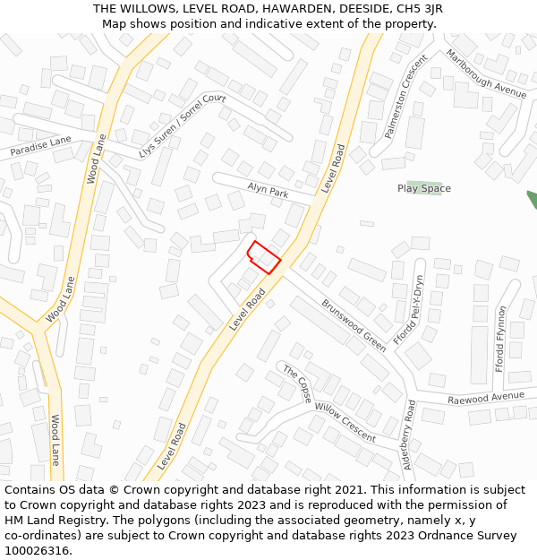 THE WILLOWS, LEVEL ROAD, HAWARDEN, DEESIDE, CH5 3JR: Location map and indicative extent of plot