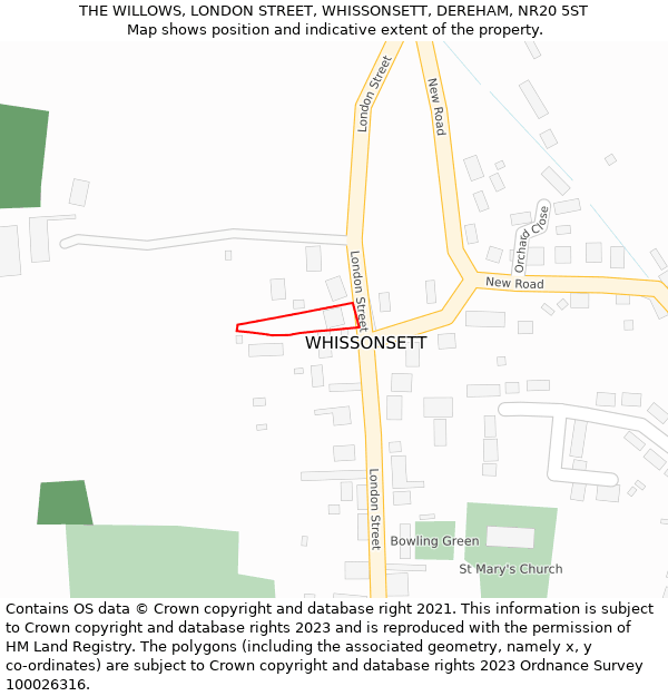 THE WILLOWS, LONDON STREET, WHISSONSETT, DEREHAM, NR20 5ST: Location map and indicative extent of plot