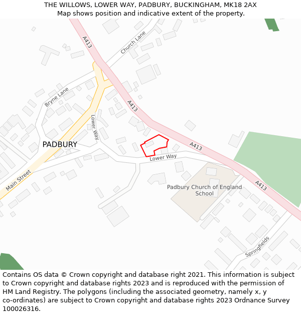 THE WILLOWS, LOWER WAY, PADBURY, BUCKINGHAM, MK18 2AX: Location map and indicative extent of plot