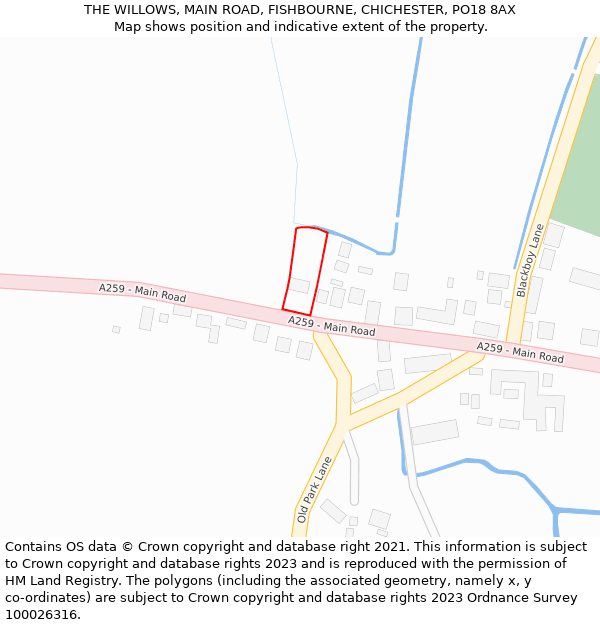THE WILLOWS, MAIN ROAD, FISHBOURNE, CHICHESTER, PO18 8AX: Location map and indicative extent of plot