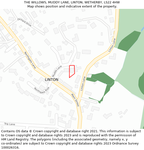 THE WILLOWS, MUDDY LANE, LINTON, WETHERBY, LS22 4HW: Location map and indicative extent of plot