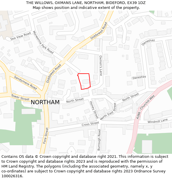THE WILLOWS, OXMANS LANE, NORTHAM, BIDEFORD, EX39 1DZ: Location map and indicative extent of plot
