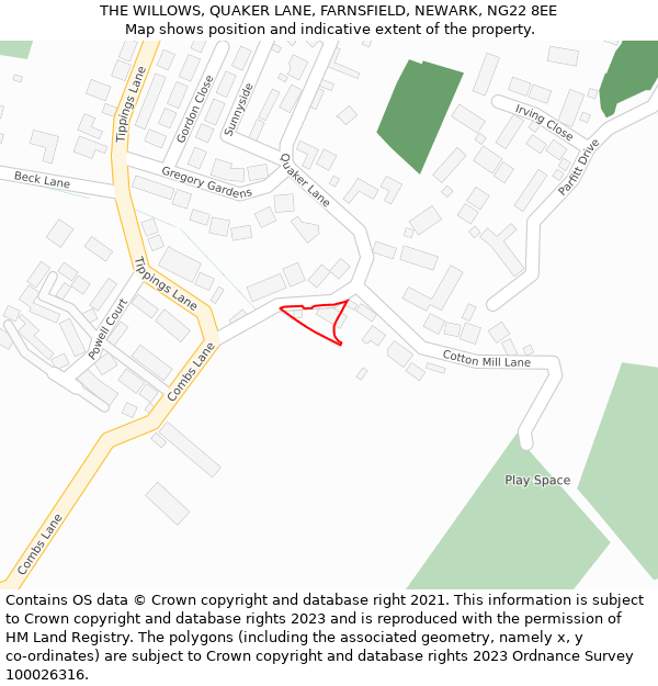 THE WILLOWS, QUAKER LANE, FARNSFIELD, NEWARK, NG22 8EE: Location map and indicative extent of plot