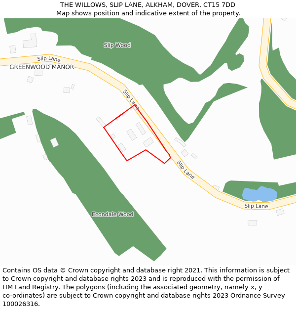 THE WILLOWS, SLIP LANE, ALKHAM, DOVER, CT15 7DD: Location map and indicative extent of plot